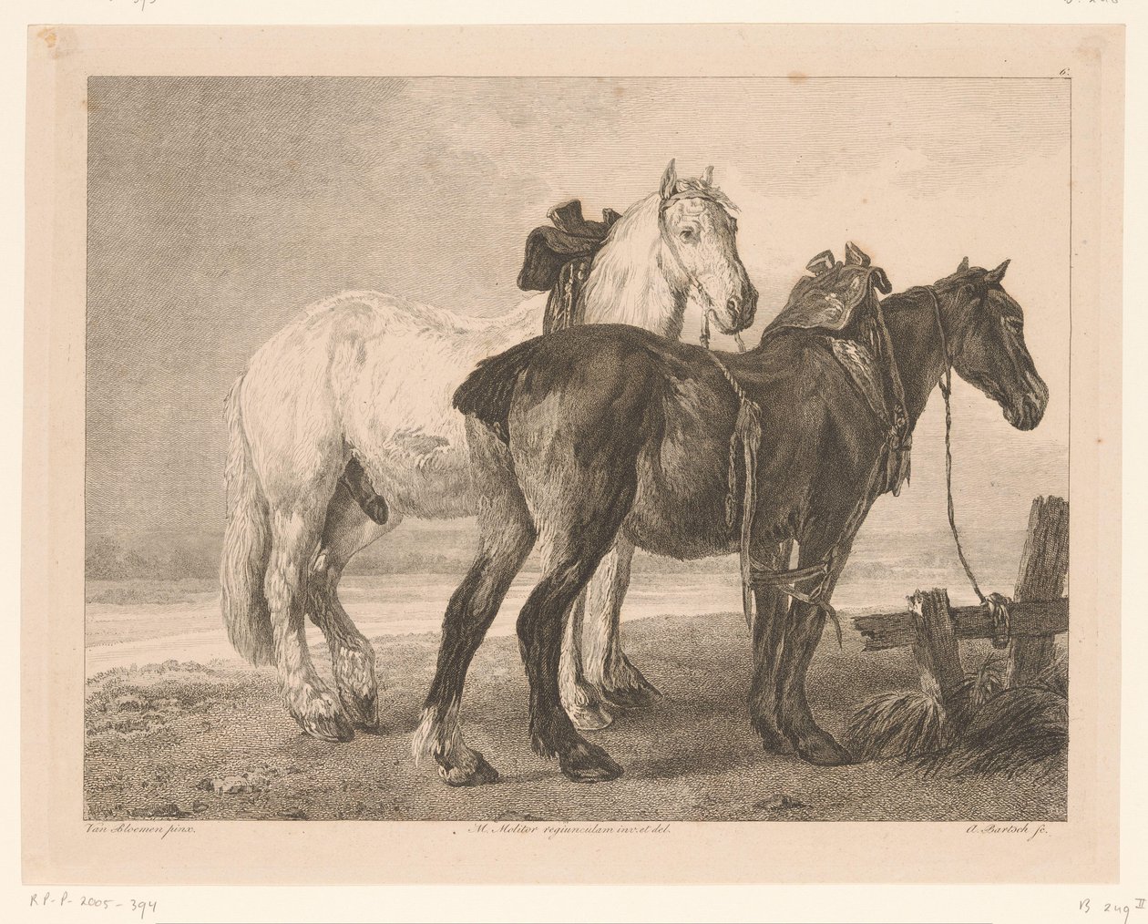 Dois cavalos em uma paisagem fluvial Animais após pinturas de mestres holandeses (título da série) Différens animaux graves d
