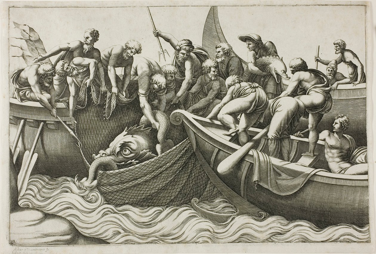 Pescadores capturando um monstro marinho de Adamo Scultori