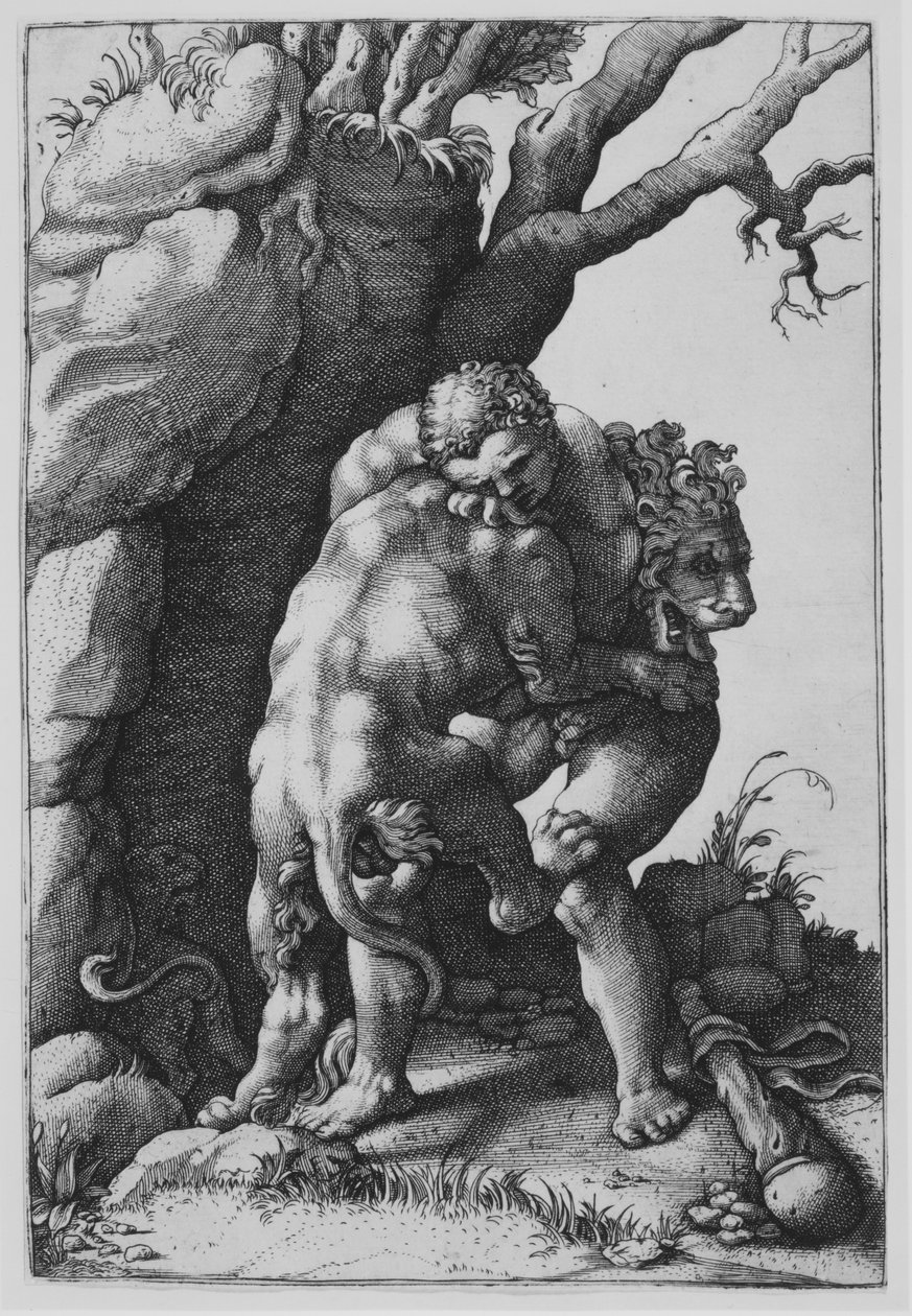 Hércules e o Leão da Nemeia. de Adamo Scultori