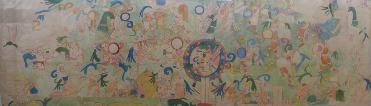 Parte do mural no lado SW do Templo dos Jaguares em Chichen Itza. De uma aquarela pintada por Adela Breton em Chichén Itzá por volta de 1907, na coleção do Museu e Galeria de Arte de Bristol de Adela Breton