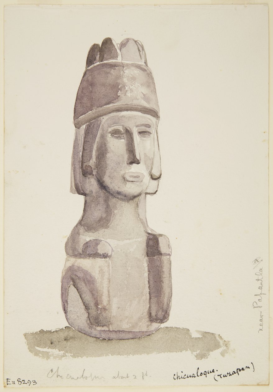 Estátua de pedra de 2 pés de altura de uma cabeça humana de Chicualoque , perto de Papantla (aguarela) de Adela Breton