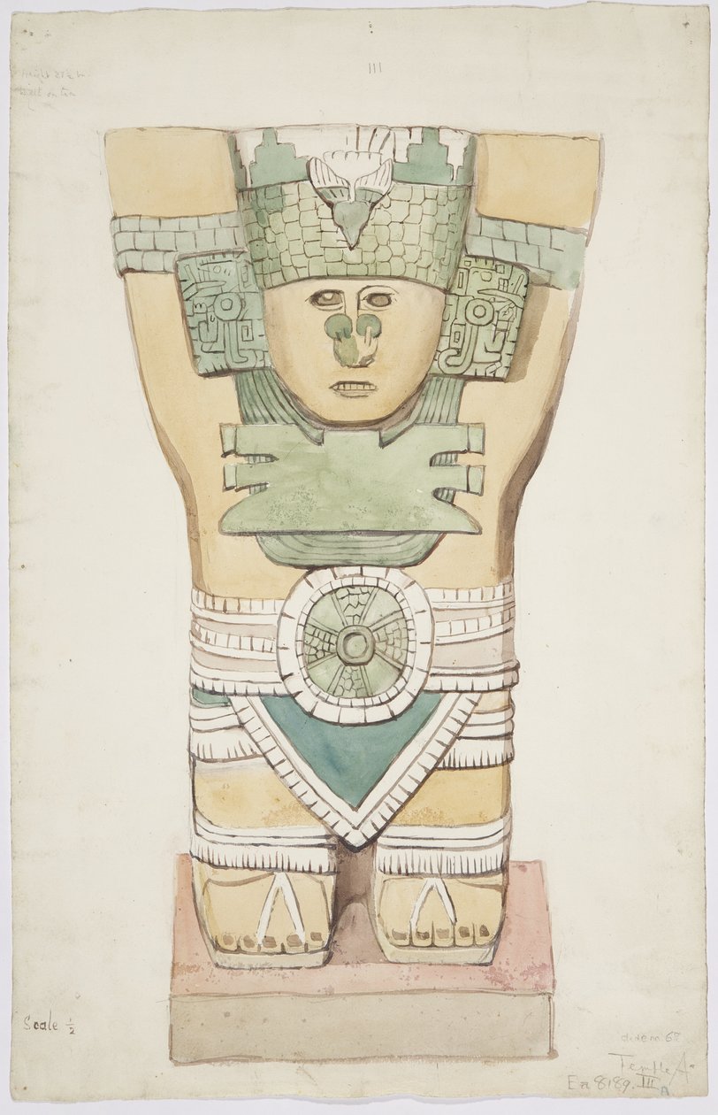 Caryatid III, câmara exterior, Templo Superior das Onças Pintadas (Templo A), Chichen Itza, México (aquarela) de Adela Breton