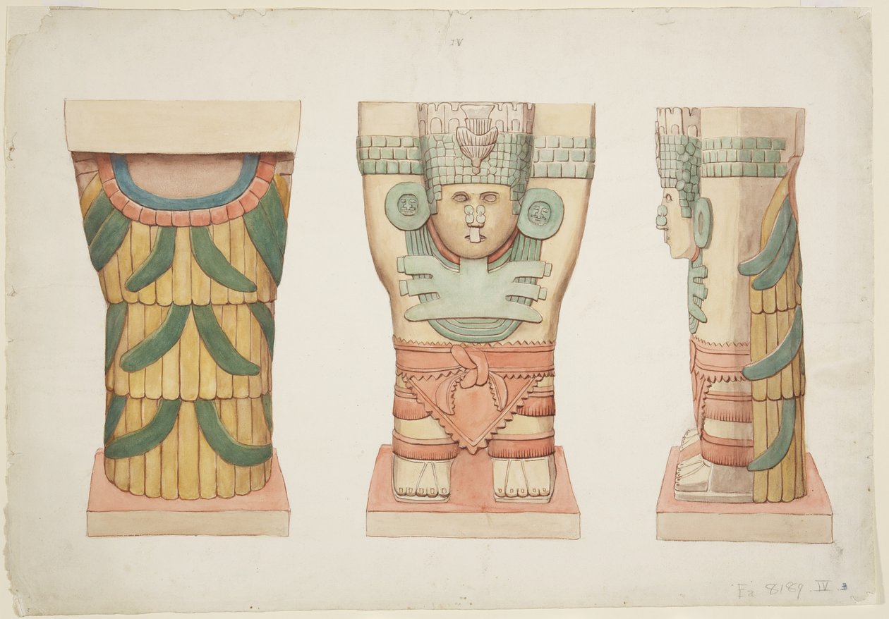Caryatid da câmara exterior, Templo A, quadra de bolas, Chichen Itza (aquarela) de Adela Breton