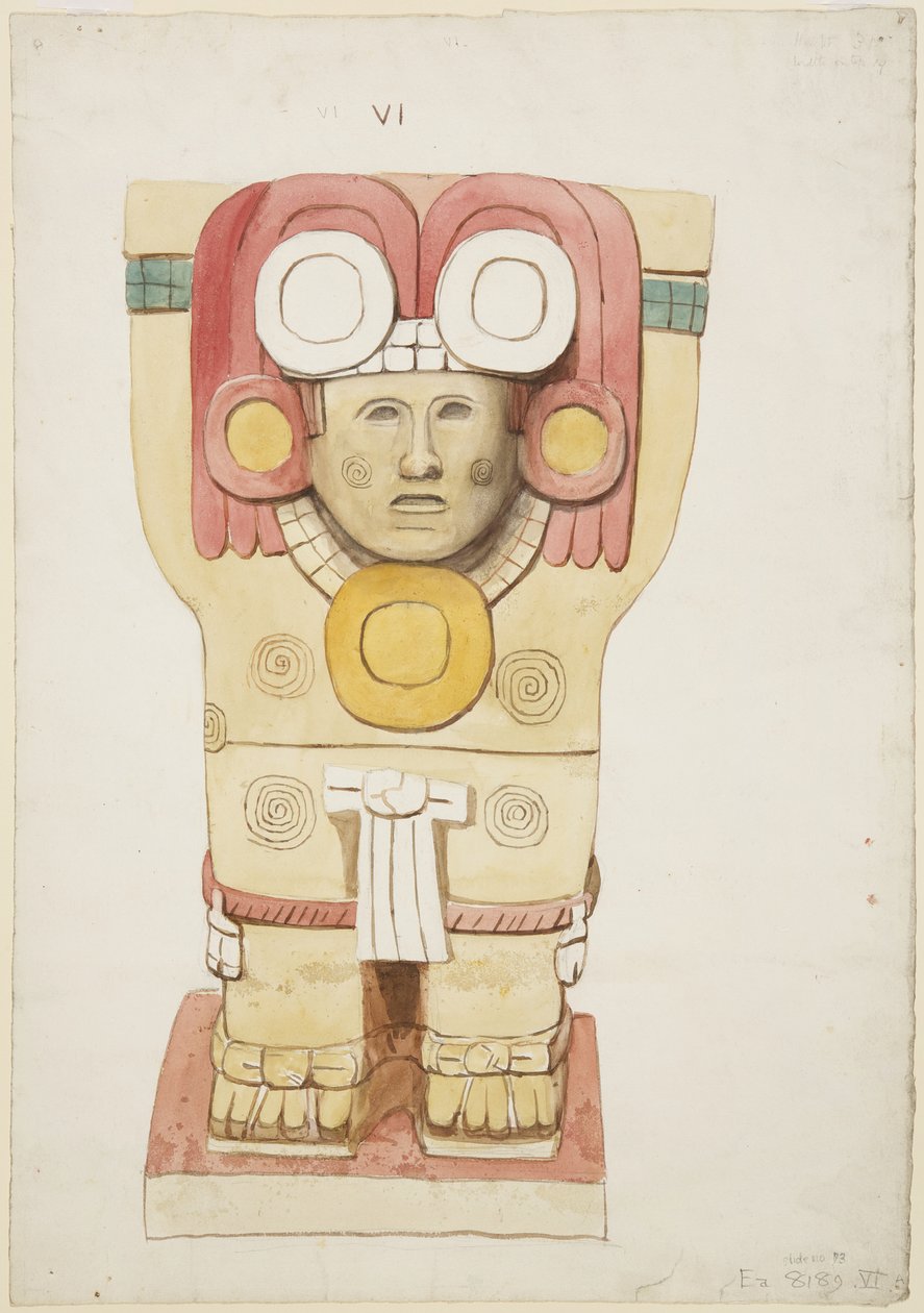 Caryatid da câmara exterior, Templo A, quadra de bolas, Chichen Itza, México (aquarela) de Adela Breton