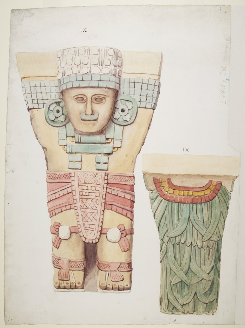 Caryatid da câmara exterior, Templo A, quadra de bolas Chichen Itza, México (aquarela) de Adela Breton