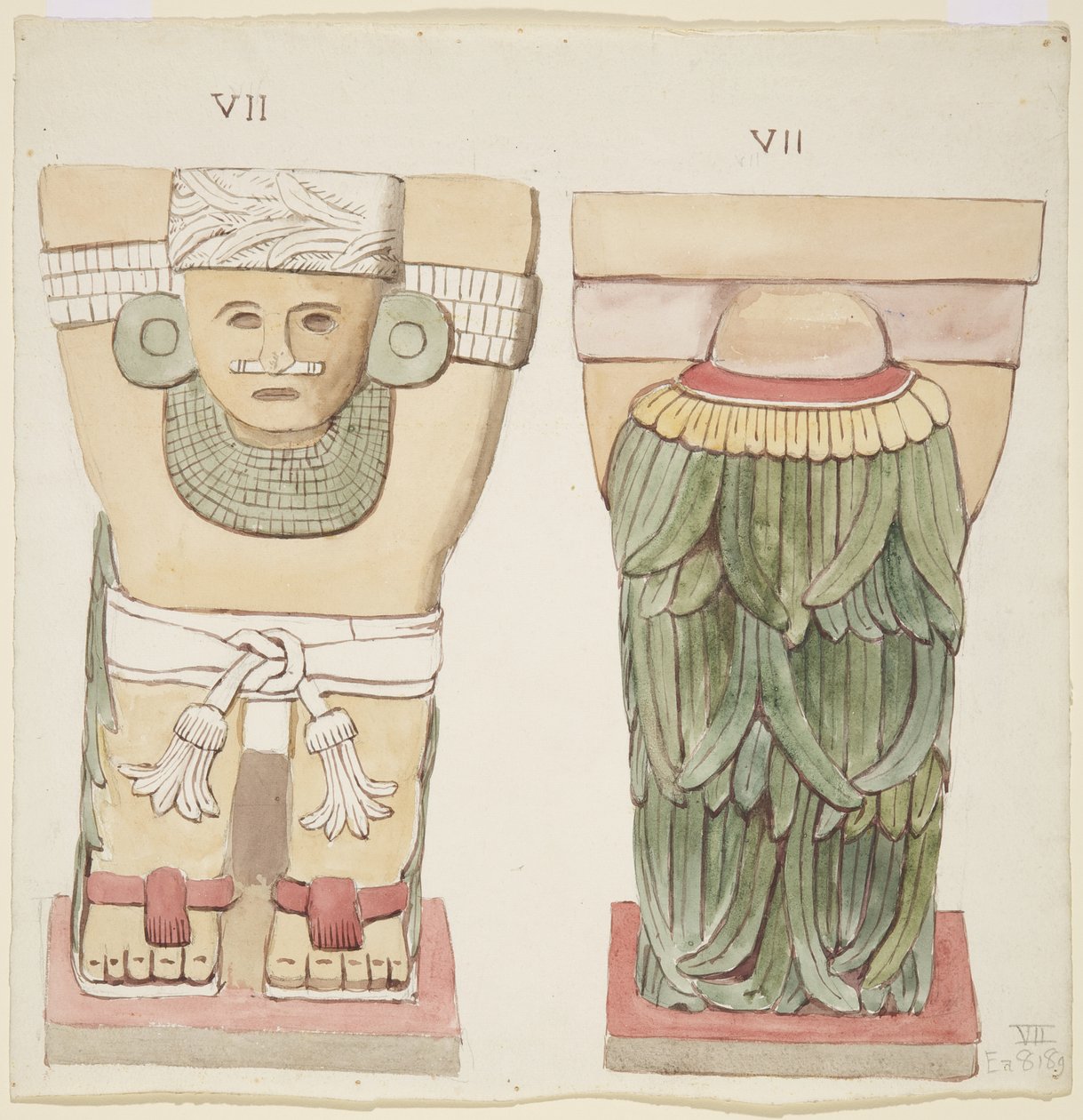 Caryatid da câmara exterior, Templo A, quadra de bolas, Chichen Itza, México (aquarela) de Adela Breton