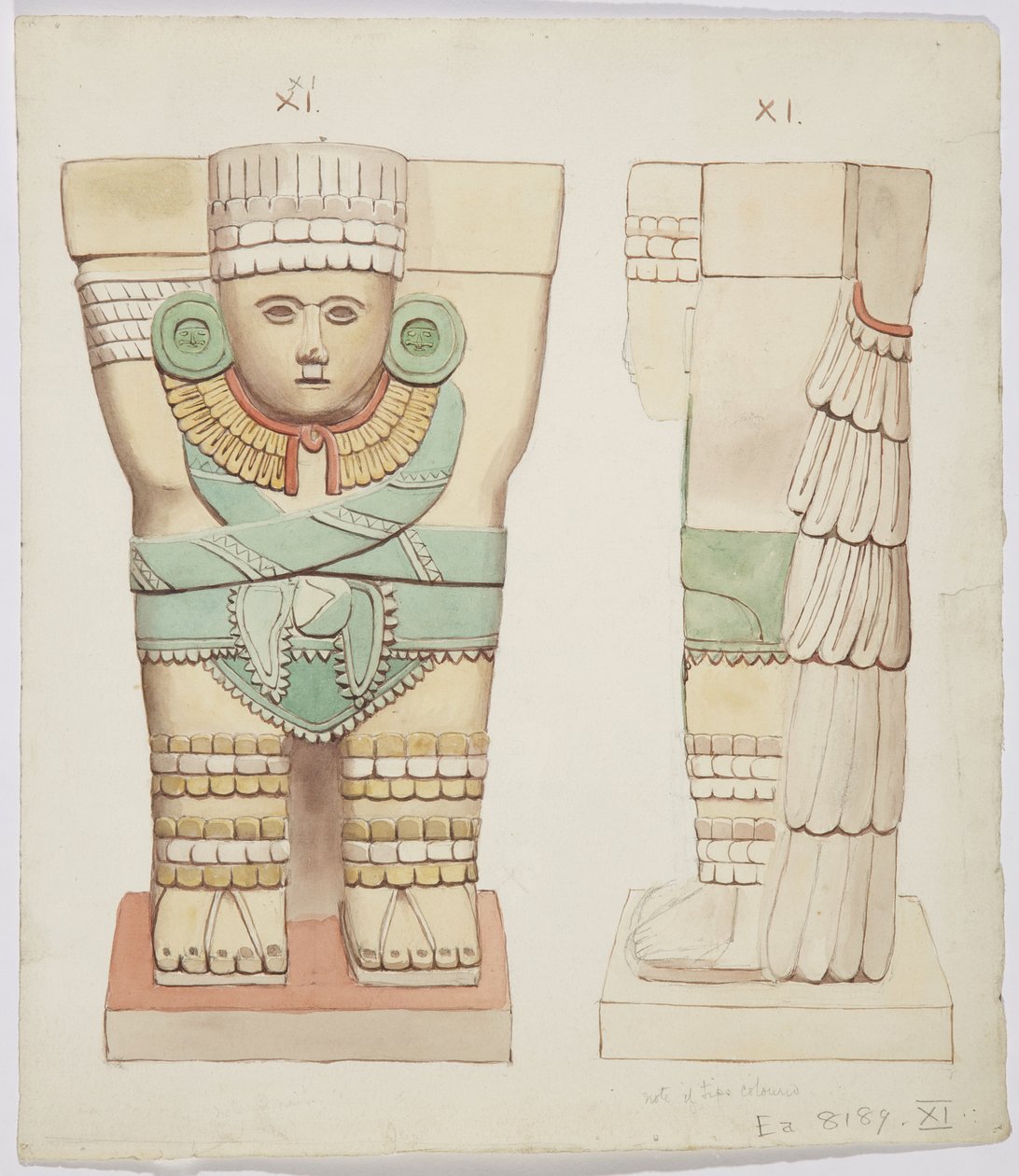 Caryatid da câmara exterior, Templo A, quadra de bolas Chichen Itza, México (aquarela) de Adela Breton