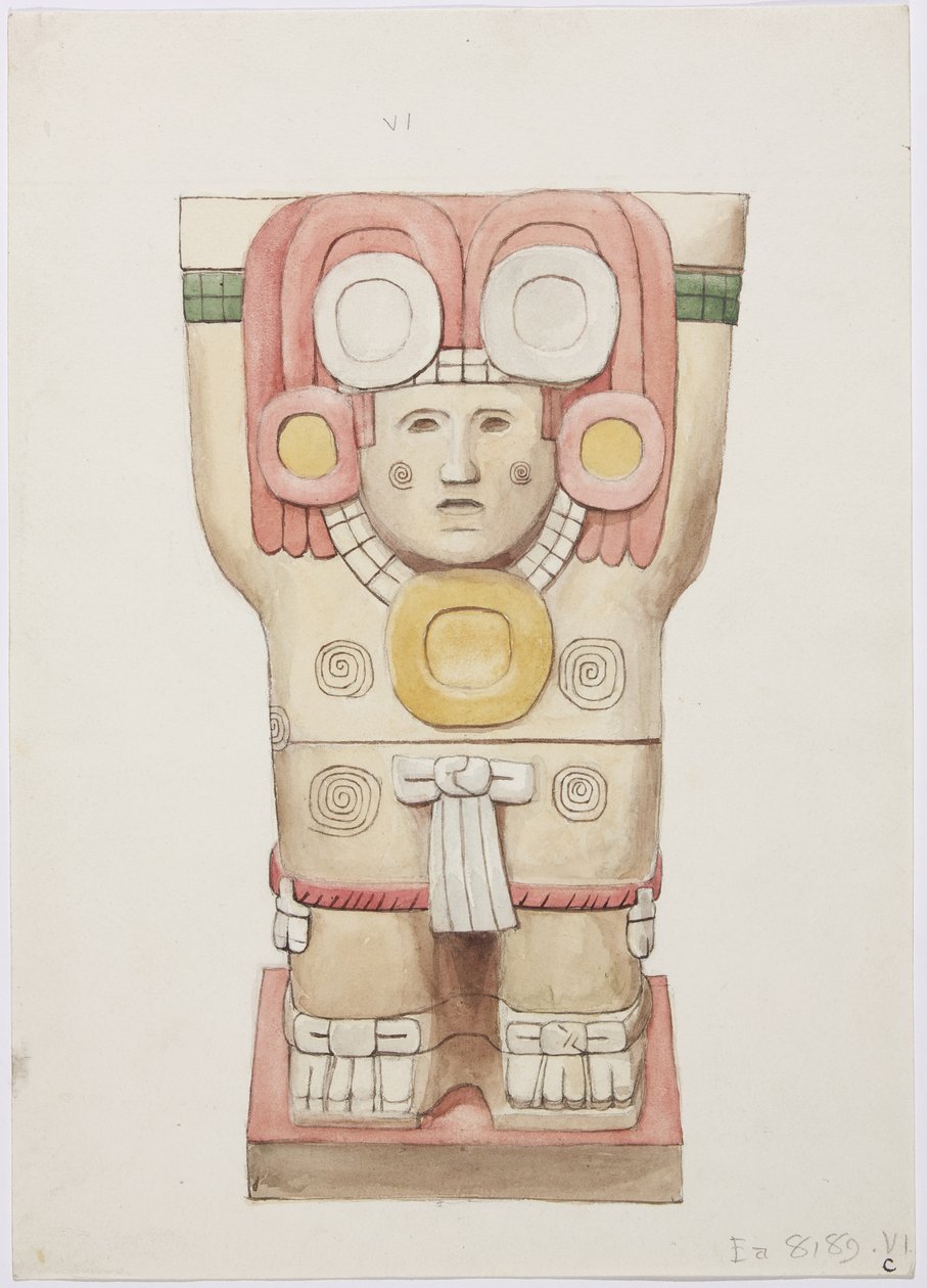 Caryatid da câmara exterior, Templo A, quadra de bolas, Chichen Itza, México (aquarela) de Adela Breton