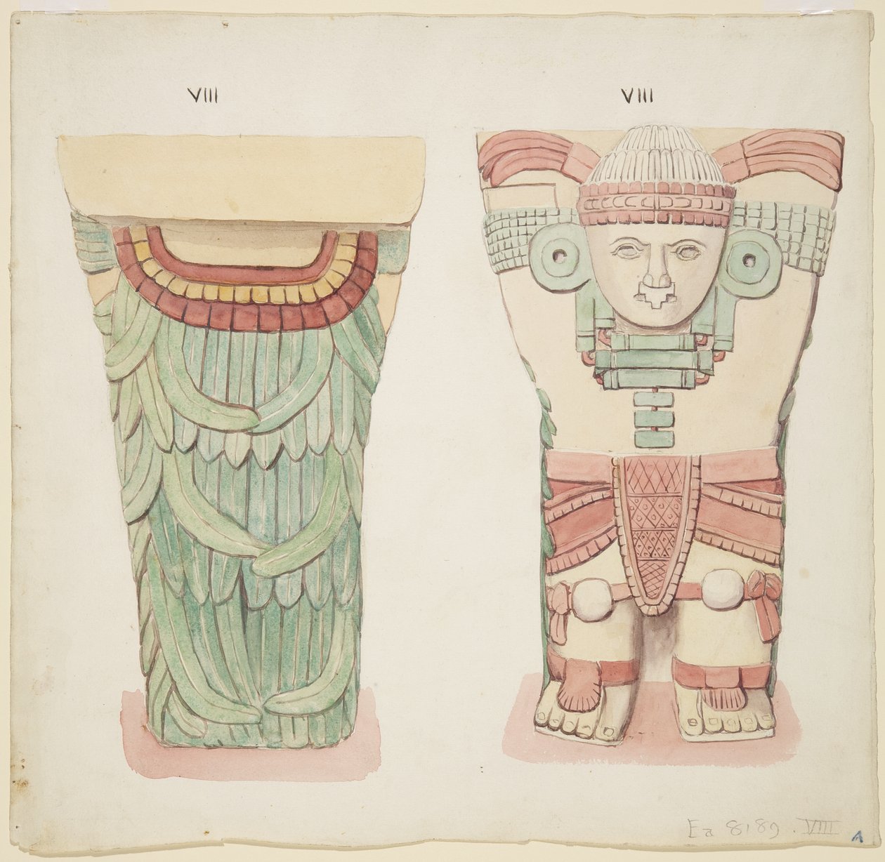 Caryatid da câmara exterior, Templo A, quadra de bolas, Chichen Itza, México (aquarela) de Adela Breton