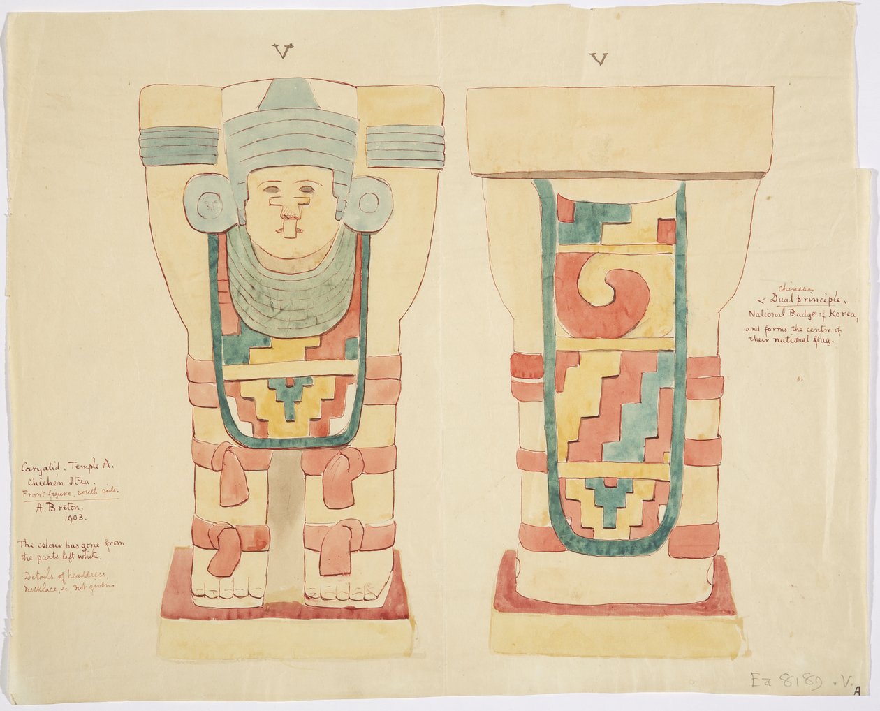 Caryatid da câmara exterior, Templo Superior dos Jaguares (Templo A), quadra de bolas, Chichen Itza (aquarela) de Adela Breton