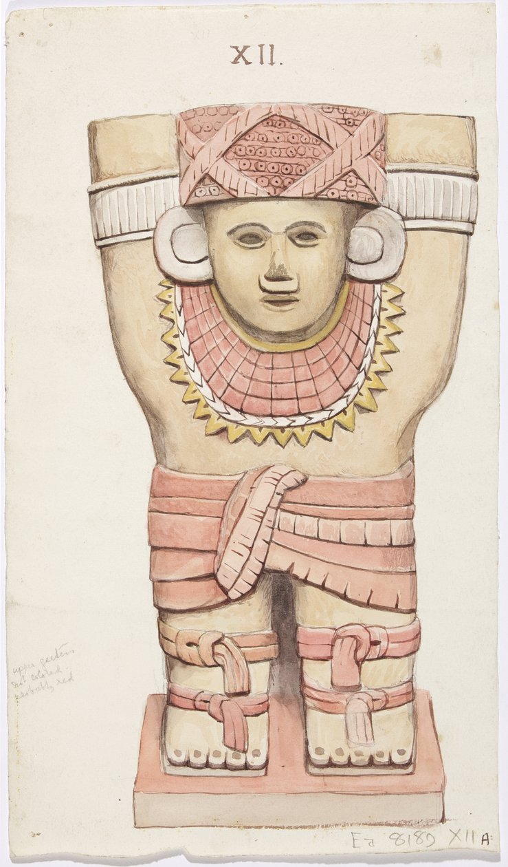 Caryatid da câmara exterior, templo A, quadra de bolas, Chichen Itza, México (aquarela) de Adela Breton