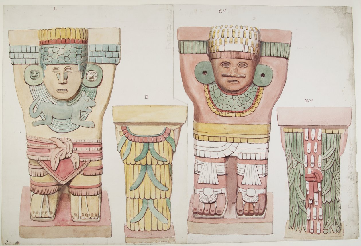 Caryatids II e XV da câmara exterior, Templo Superior dos Jaguares, Chichen Itza, México (aquarela) de Adela Breton