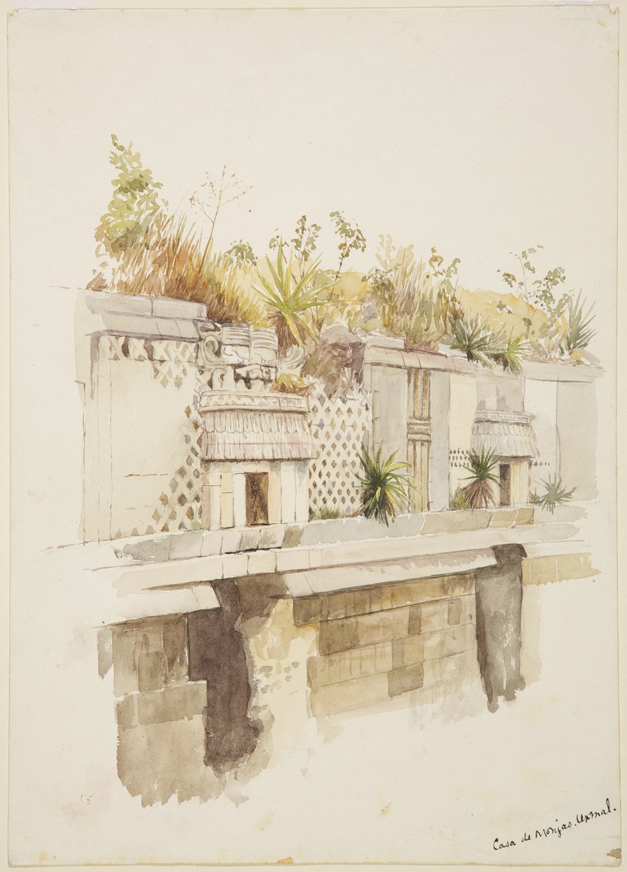 Casa de Monjas, Uxmal, México Pintura do piso superior das ruínas (aguarela) de Adela Breton