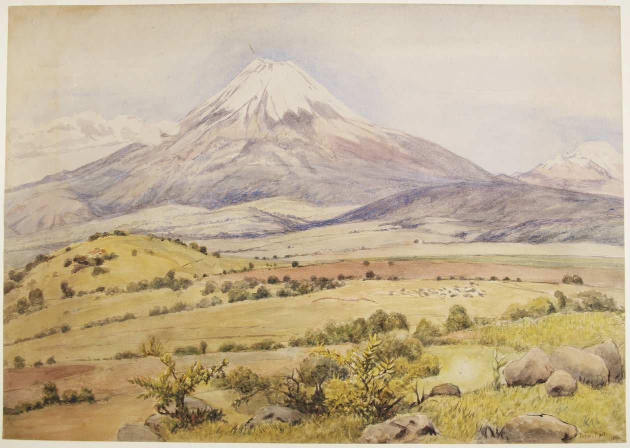 Nuvem chegando às 10h30 Popocatépetl de Atlixco, Puebla, México (aquarela e cor de corpo) de Adela Breton