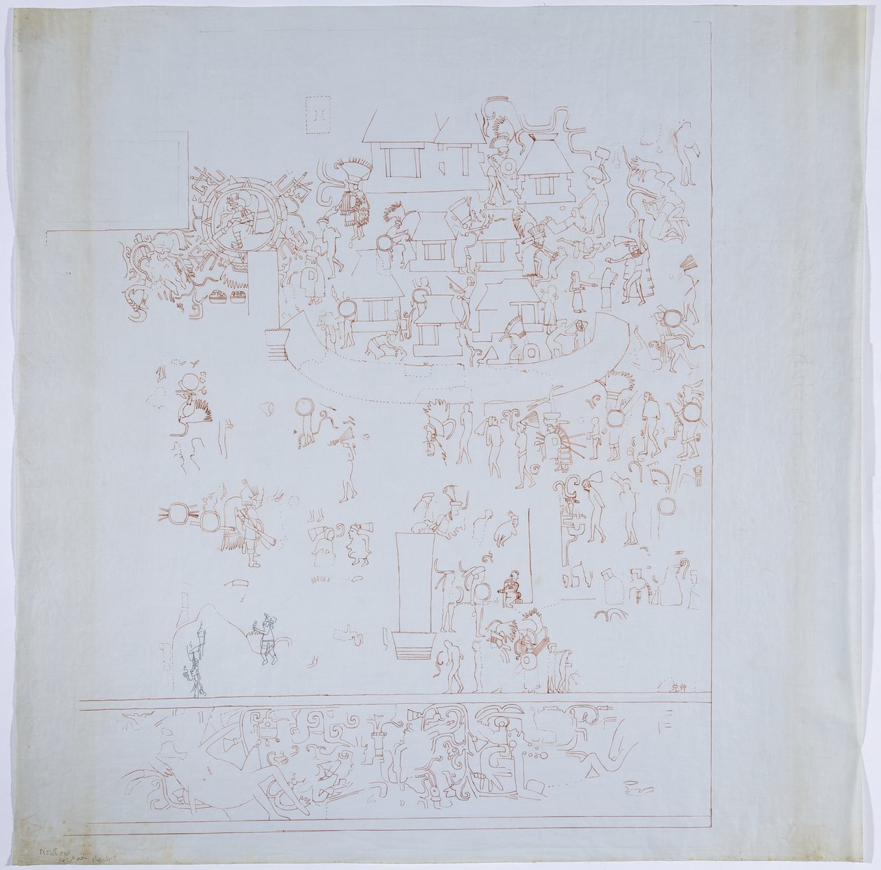 Cópia de um mural completo da parede oeste, Upper Temple of the Jaguars, Chichen Itza, México Câmara interna da parede oeste Desenhado em tinta vermelha (tinta vermelha e preta e grafite) de Adela Breton