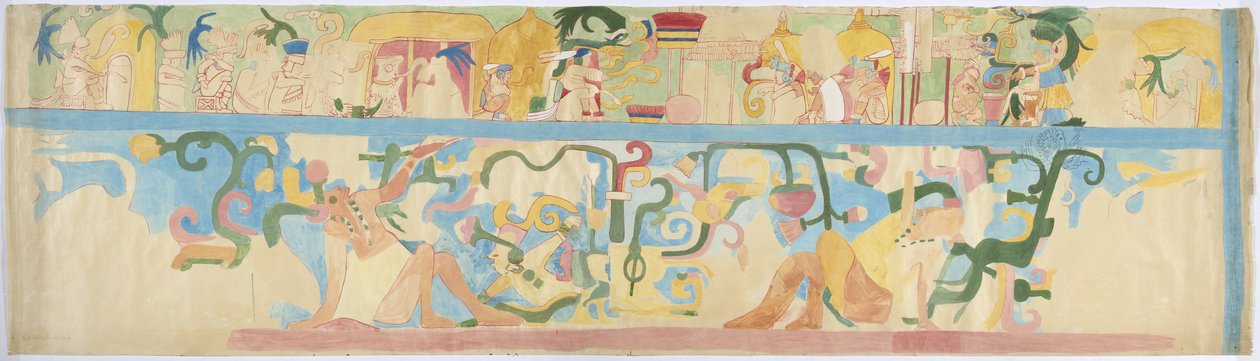 Cópia de uma pintura mural da parede sudoeste, Templo Superior dos Jaguares, Chichen Itza, México (aquarela e cor de corpo) de Adela Breton