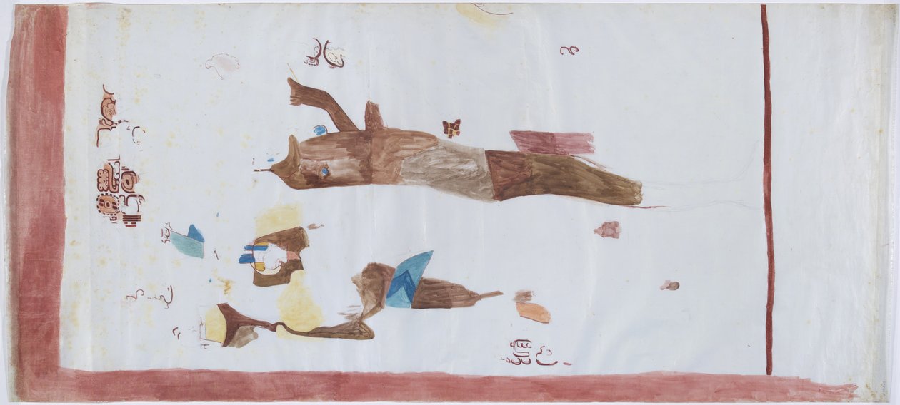 Cópia de uma pintura de parede de uma pequena câmara, Acanceh, México Linhas de lápis, aguarela Em três partes (linhas de lápis e aguarela) de Adela Breton