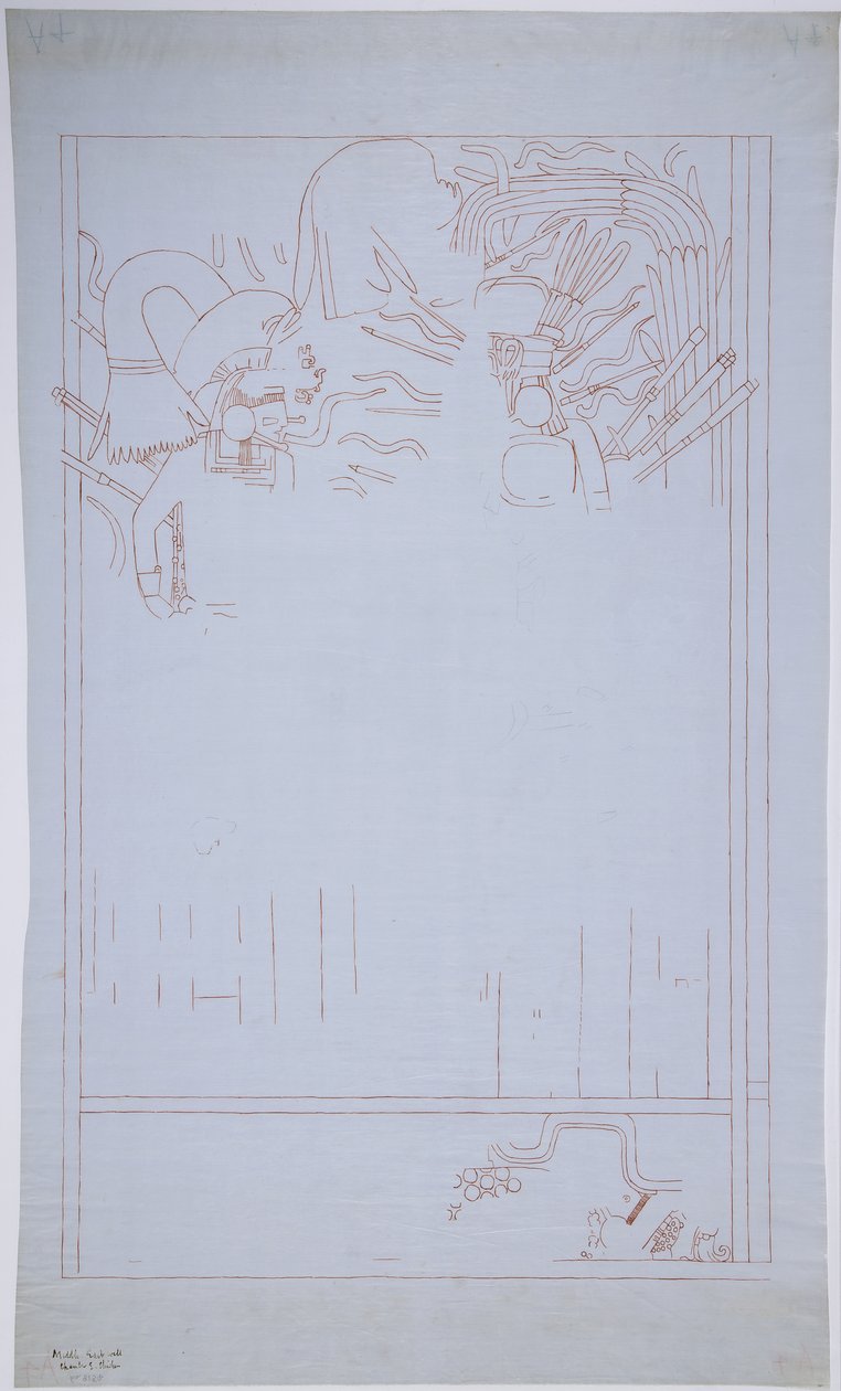Cópia de uma pintura de parede da Muralha Oriental, Templo Superior dos Jaguares, Chichen Itza México
 (tinta vermelha e grafite) de Adela Breton