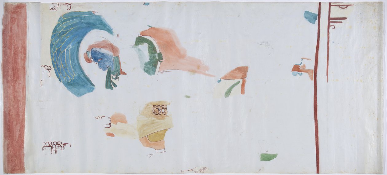 Cópia de uma pintura de parede da pequena câmara Acanceh, México Linhas de lápis, aguarela Em três partes (linhas de lápis e aguarela) de Adela Breton