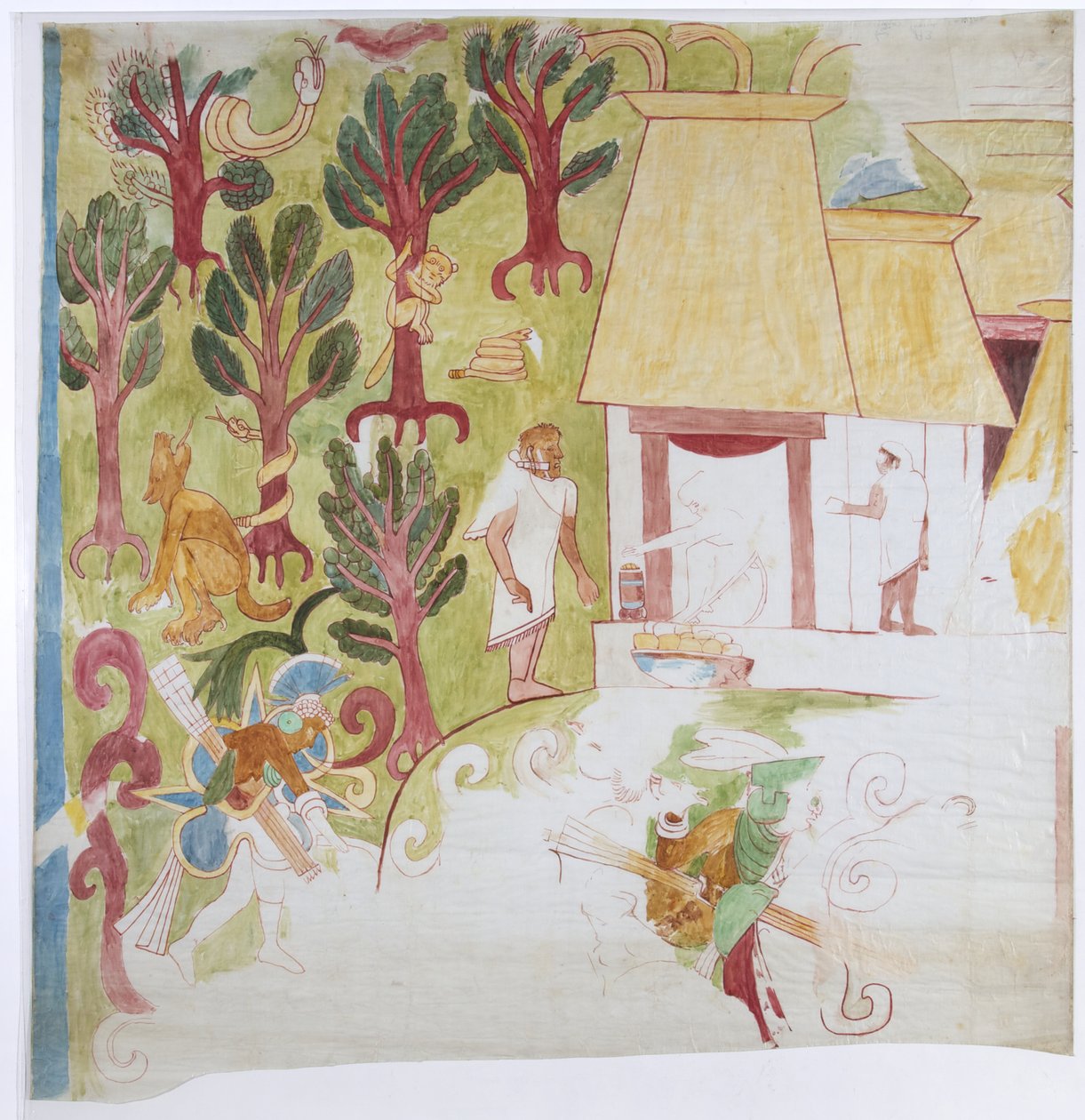 Cópia de parte de uma pintura de parede do painel da extremidade sul, parede leste, câmara interior, Templo Superior dos Jaguares, Grande Corte de Bolas, Chichen Itza,

 (aguarela e cor de corpo) de Adela Breton