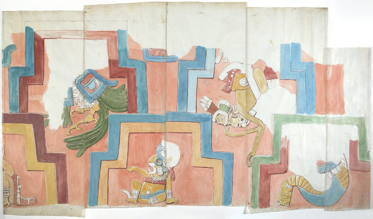 Cópia da fachada em estuque do templo na pirâmide em Acanceh (aguarela) de Adela Breton