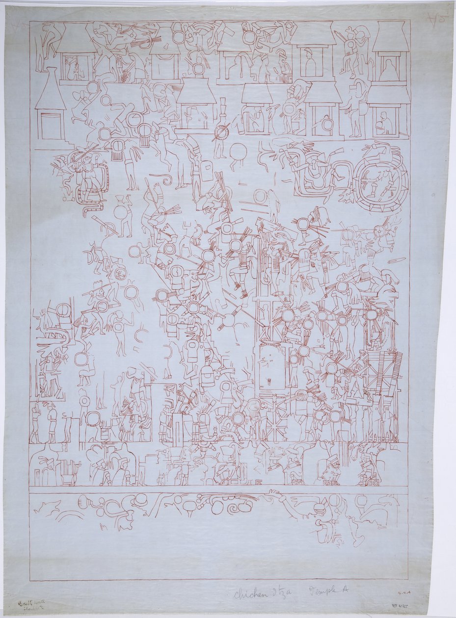 Desenho da Parede Sul, Templo Superior dos Jaguares, Chichen Itza, México (tinta vermelha) de Adela Breton