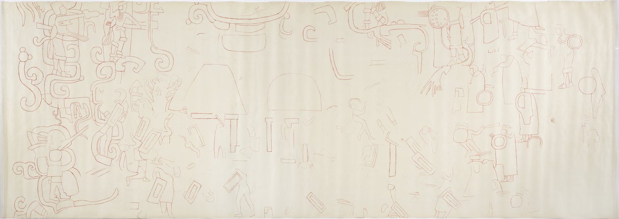 Pintura da parede norte, Templo Superior dos Jaguares, seção Chichen Itza, México Centro (tinta vermelha e grafite) de Adela Breton