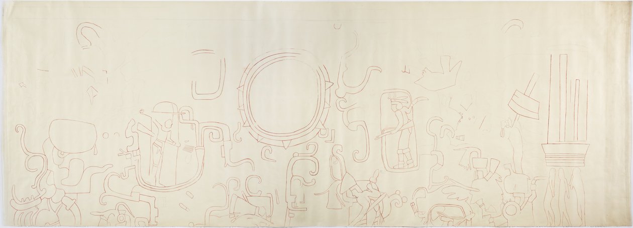 Pintura da parede norte, Templo Superior dos Jaguares, Chichen Itza, secção norte do México (tinta vermelha e grafite) de Adela Breton