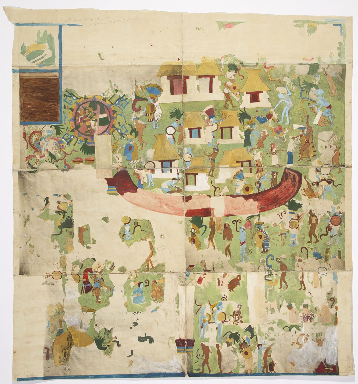 Pintura de um mural do painel norte na parede oeste, Templo A, Great Ball Court, Chichen Itza Yucatan, México (fotografia e aquarela) de Adela Breton