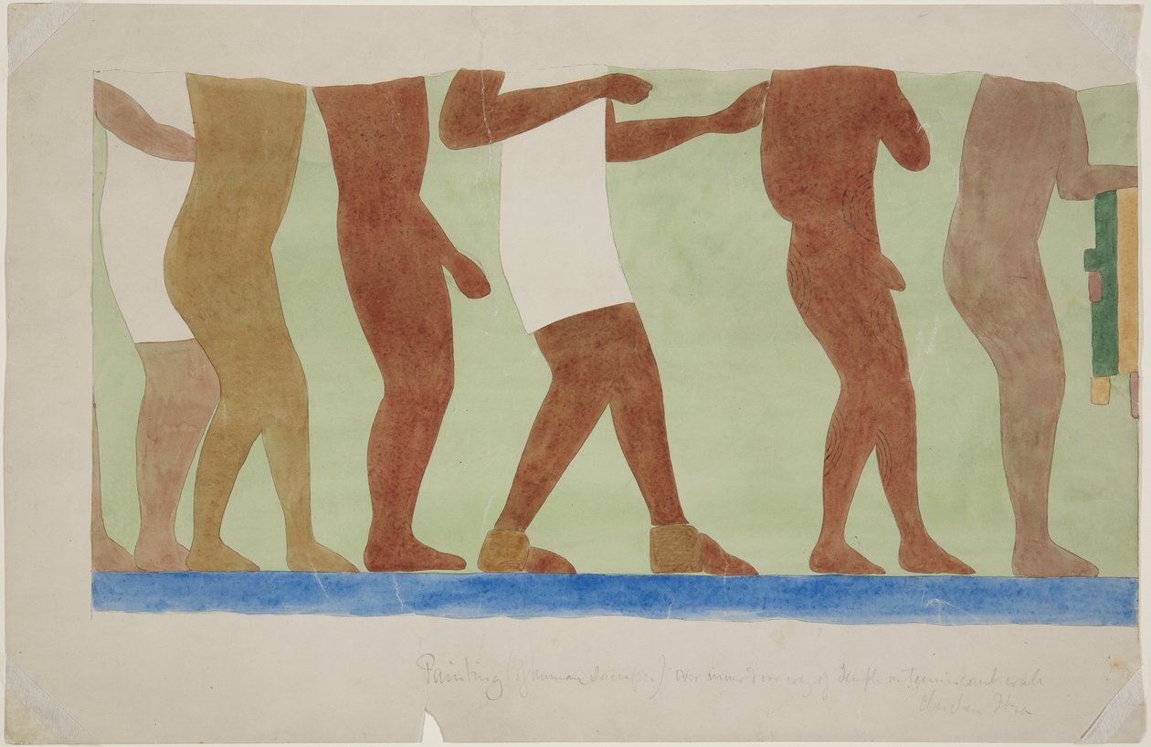 Pintura de parte de um mural (sacrifício humano) Quadra de Bolas do Templo Superior 