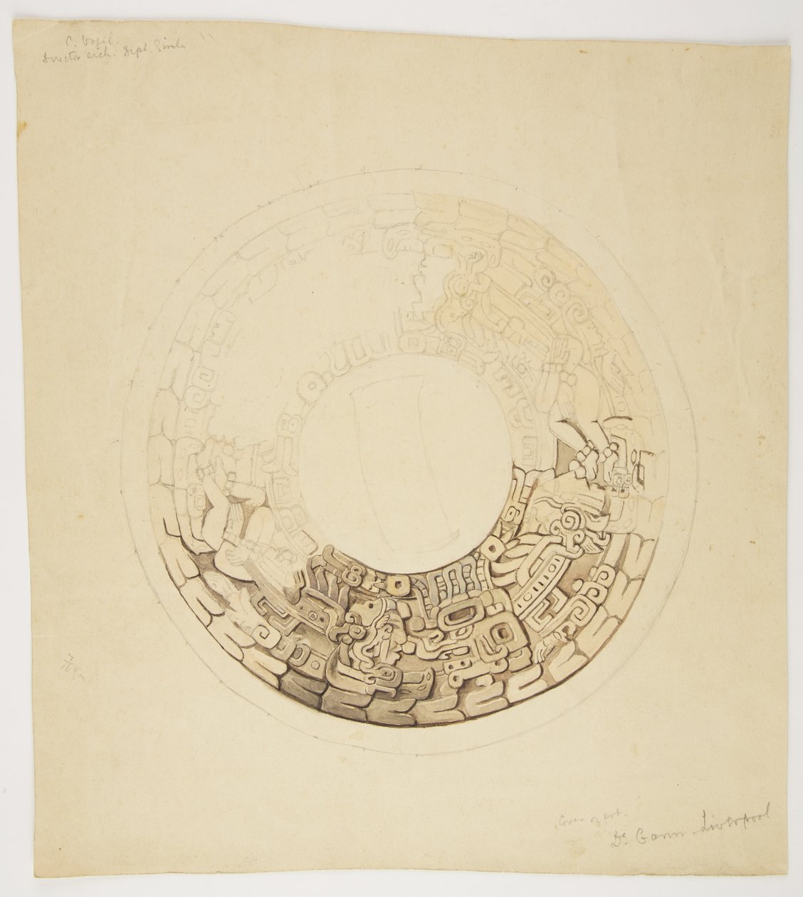 Capa do Belize (antigas Honduras britânicas) Desenho circular, parte do qual falta, mostra um desenho que inclui figuras de homens, glifos, etc (aquarela) de Adela Breton