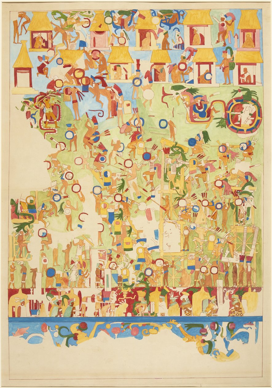 Cópia em escala trimestral de uma pintura de parede da parede sul do Templo Superior dos Jaguares, Chichen Itza, México (aquarela) de Adela Breton
