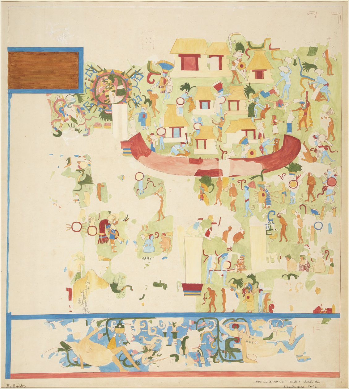 Cópia em escala trimestral de pintura de parede da extremidade norte da parede oeste, Templo Superior dos Jaguares, Chichen Itza, México (aquarela) de Adela Breton