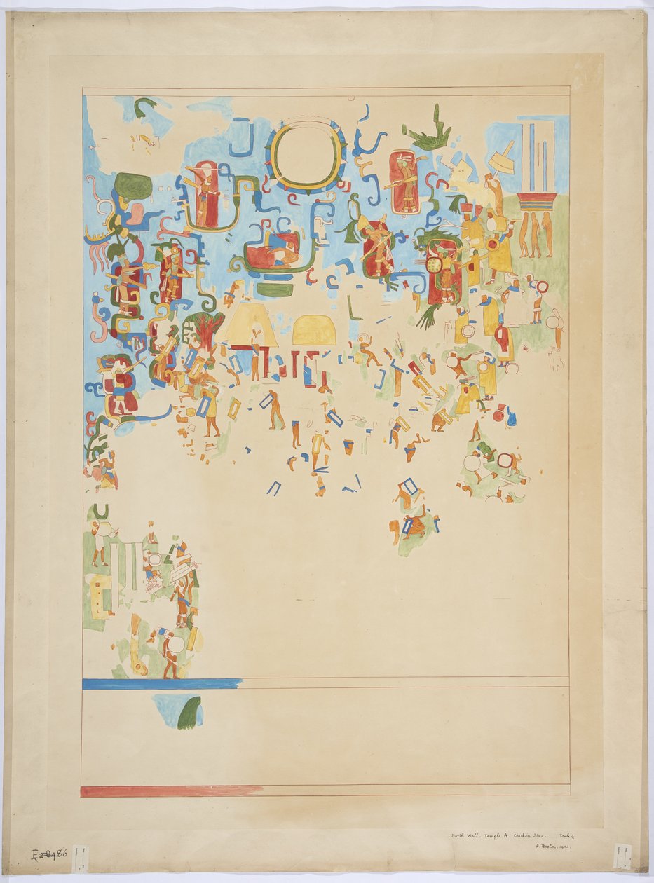 Cópia em escala de um quarto de uma pintura de parede da parede norte, câmara interna, Templo Superior dos Jaguares, Quadra do Grande Baile, Chichen Itza, México de Adela Breton