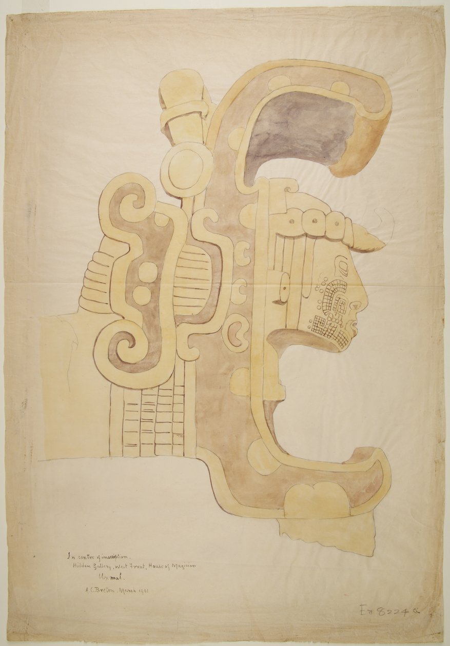 Ruínas/relevos de pedra no Templo em Uxmal, México Cabeça esculpida, altamente decorada (aguarela) de Adela Breton