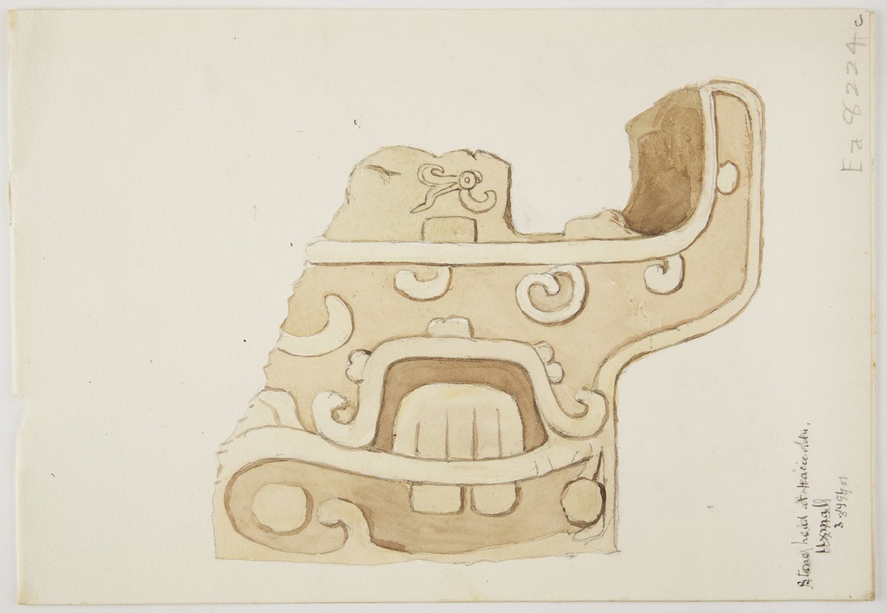 Ruínas/relevos de pedra no Templo em Uxmal, México Representando parte da escultura em pedra (aguarela) de Adela Breton