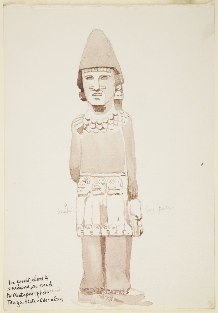 Estátua de Teayo, norte de Veracruz, México Mostra estátua de pedra com figura masculina usando kilt (aquarela) de Adela Breton