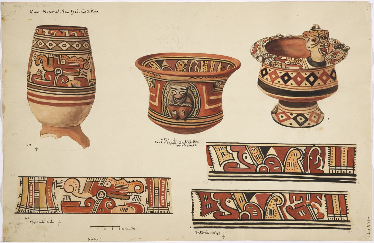 Três potes e três desenhos de Nicoya, Costa Rica (aguarela) de Adela Breton