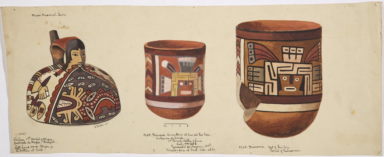 Três vasos pintados de Nieveria, Leste do Rio Seco, Peru de Adela Breton
