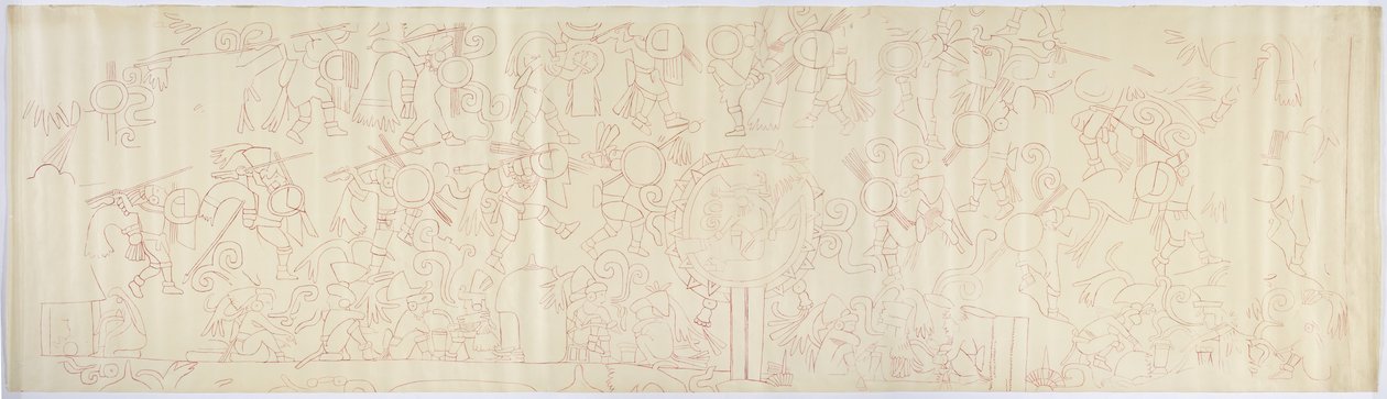 Traçado de um mural da parede oeste, Templo Superior dos Jaguares, Chichen Itza, México (tinta vermelha) de Adela Breton