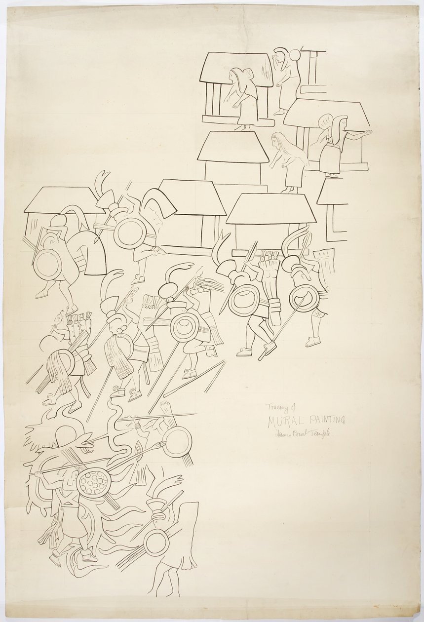 Traçado de uma pintura mural da Parede Oeste, Templo Superior dos Jaguares, Chichen Itza, MéxicoTracing é tintada (tinta preta e grafite) de Adela Breton
