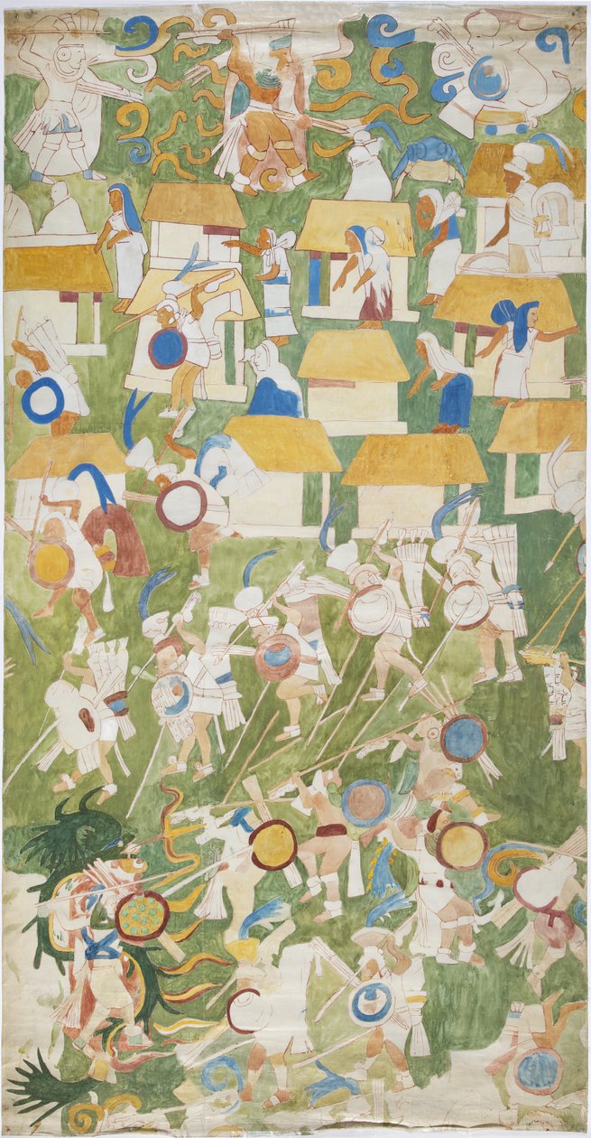 Traçado de uma pintura mural do painel sul da parede oeste, Templo Superior dos Jaguares, Chichen Itza, México (aquarela e grafite) de Adela Breton