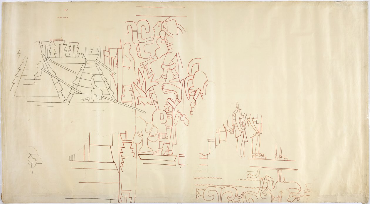 Traçado de uma pintura de parede da Casa de Monjas, Chichen Itza, México Traçado e tintado em tinta preta e vermelha (tinta vermelha e preta e grafite) de Adela Breton