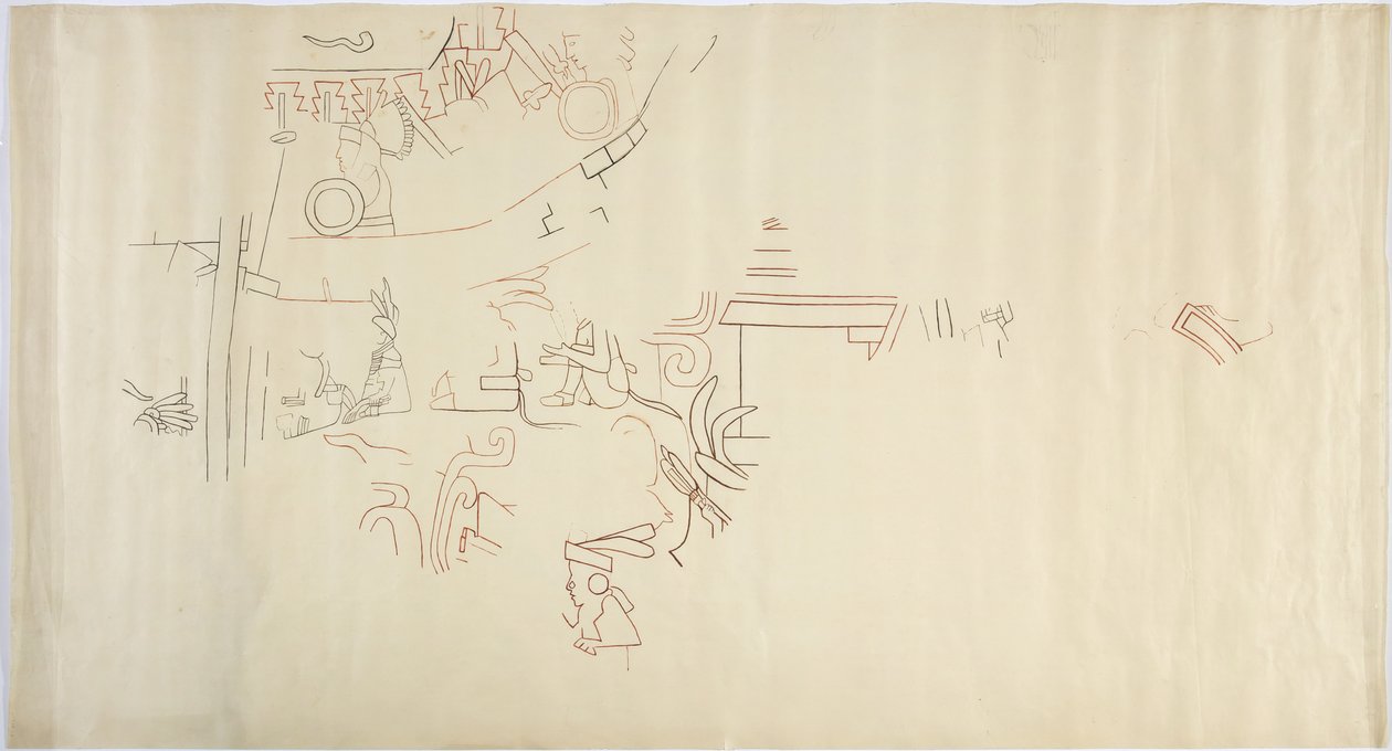 Traçado de uma pintura de parede da Casa de Monjas, Chichen Itza, MexicoVault em câmara grande (vermelho, preto e marrom e tinta grafite) de Adela Breton