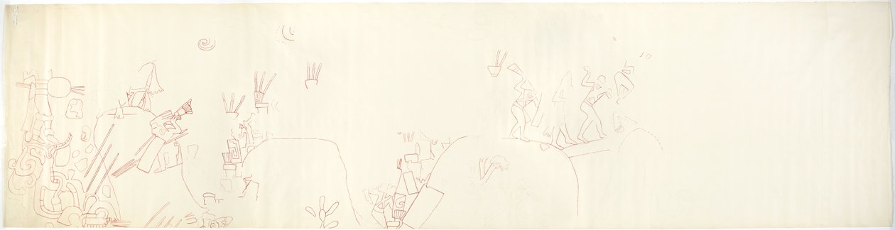Traçado de uma pintura de parede da parede leste, Upper Temple of the Jaguars, Chichen Itza, México (tinta vermelha e grafite) de Adela Breton