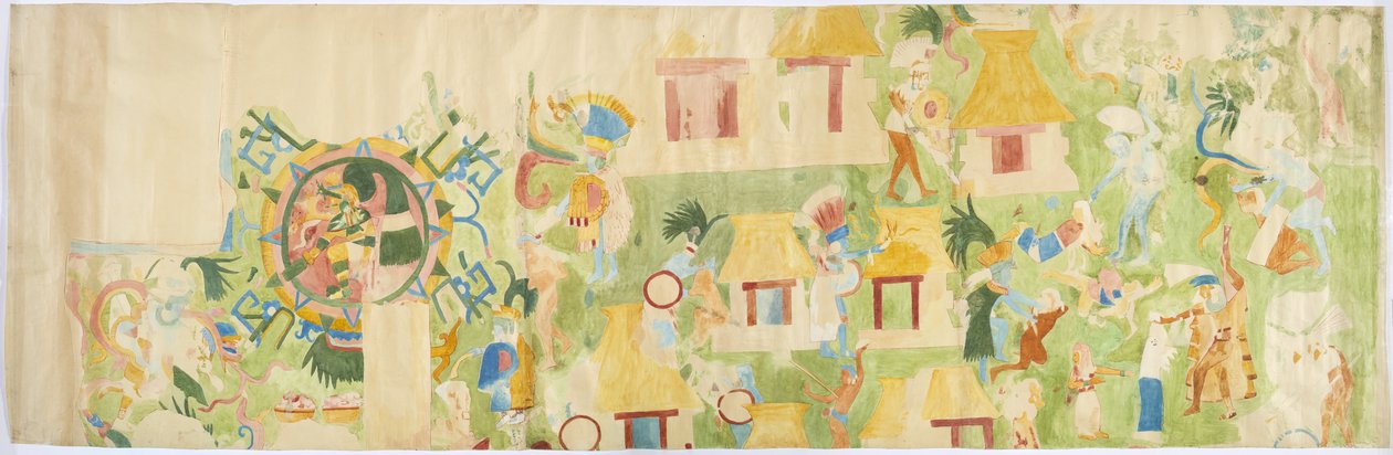 Traçado de uma pintura de parede da extremidade norte da parede oeste, Templo Superior dos Jaguares, Chichen Itza, México
 (aguarela e cor de corpo) de Adela Breton