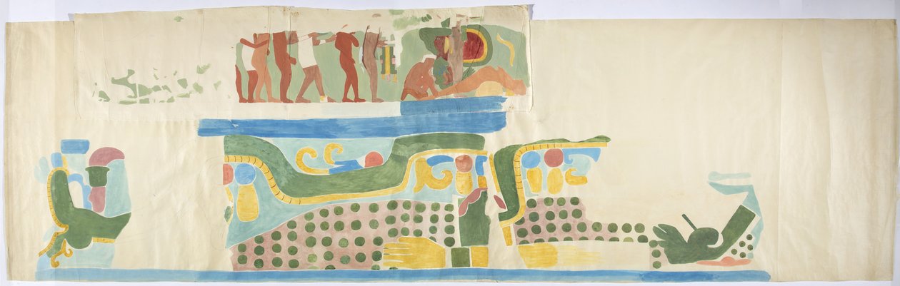 Traçado de uma pintura de parede de uma porta, Upper Temple of the Jaguars, Chichen Itza, México (aquarela, cor de corpo, grafite) de Adela Breton