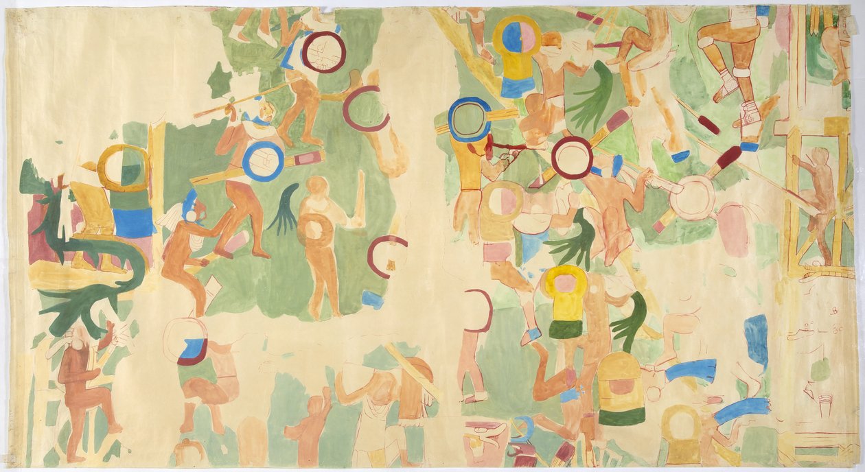 Traçado de uma pintura de parede da parede sul, câmara interior, Templo Superior dos Jaguares, Grande Corte de Bolas em Chichen Itza, pintura mexicana (aguarela e corpinho) de Adela Breton