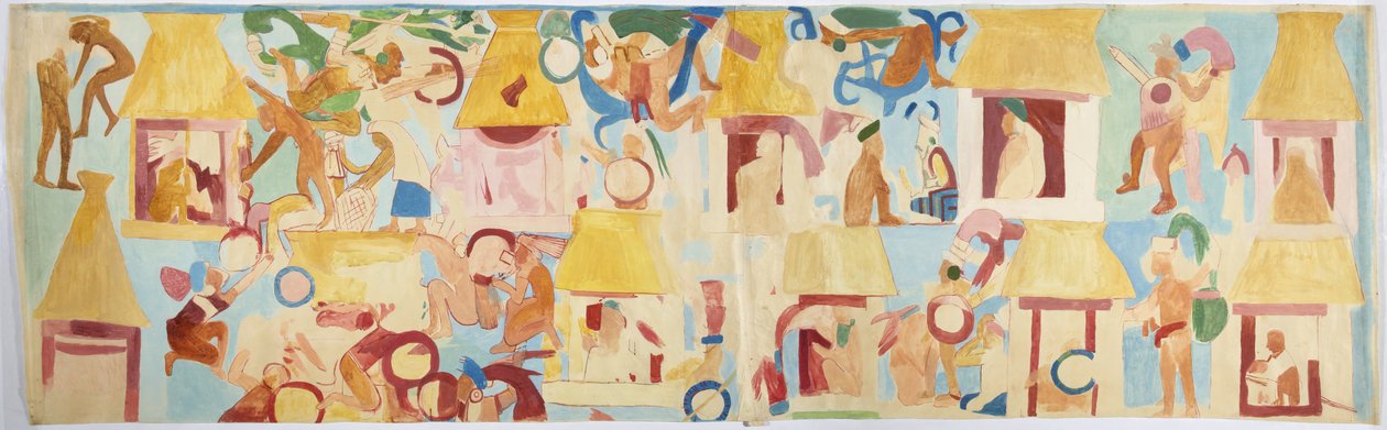 Traçado de uma pintura de parede da parede sul, câmara interior, Templo Superior dos Jaguares, Grande Corte de Bolas em Chichen Itza, México (aquarela e corpinho) de Adela Breton
