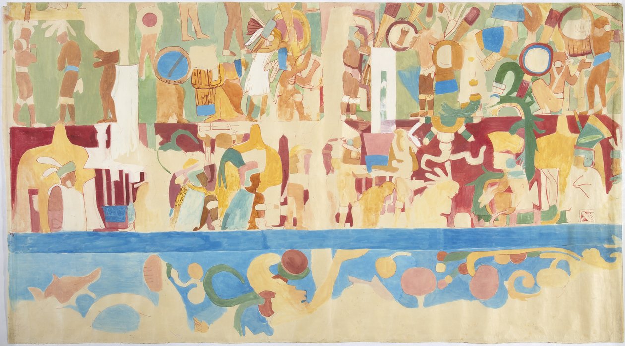 Traçado de uma pintura de parede da parede sul, câmara interior, Templo Superior dos Jaguares, Grande Corte de Bolas em Chichen Itza, pintura mexicana (aguarela e corpinho) de Adela Breton